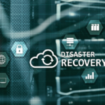 Digital illustration of disaster recovery concept with cloud sync icon, server graphics, security lock, and data analytics symbols over a network server background