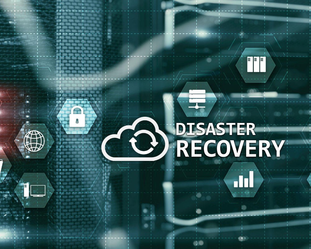 Digital illustration of disaster recovery concept with cloud sync icon, server graphics, security lock, and data analytics symbols over a network server background