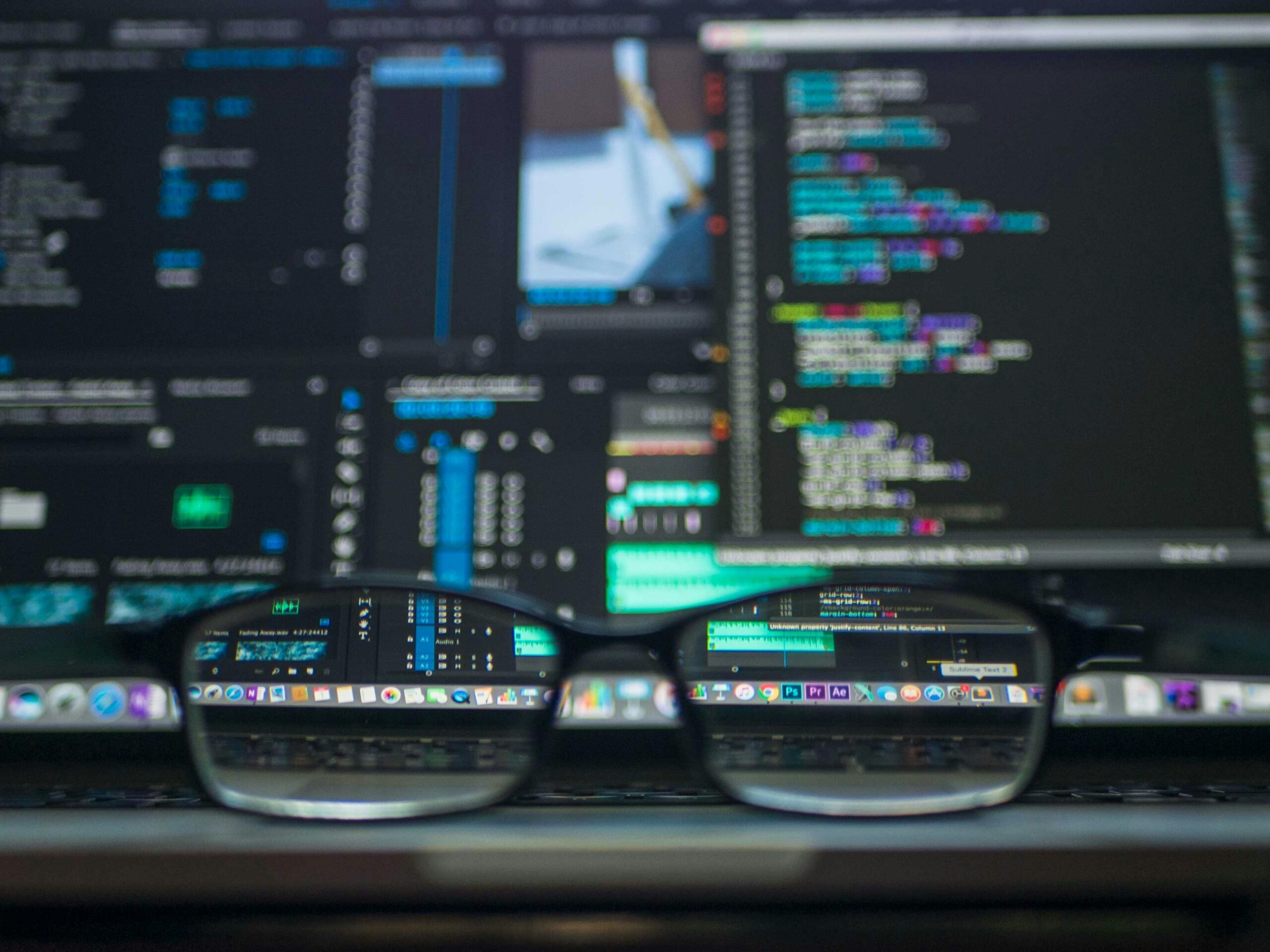 a pair of black glasses sitting on a laptop keyboard with numerous digitized windows open on the screen