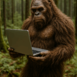 Bigfoot holding a laptop in the forest, symbolizing cybersecurity myths for small businesses and how CMIT Solutions helps debunk them.