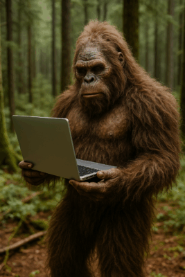 Bigfoot holding a laptop in the forest, symbolizing cybersecurity myths for small businesses and how CMIT Solutions helps debunk them.