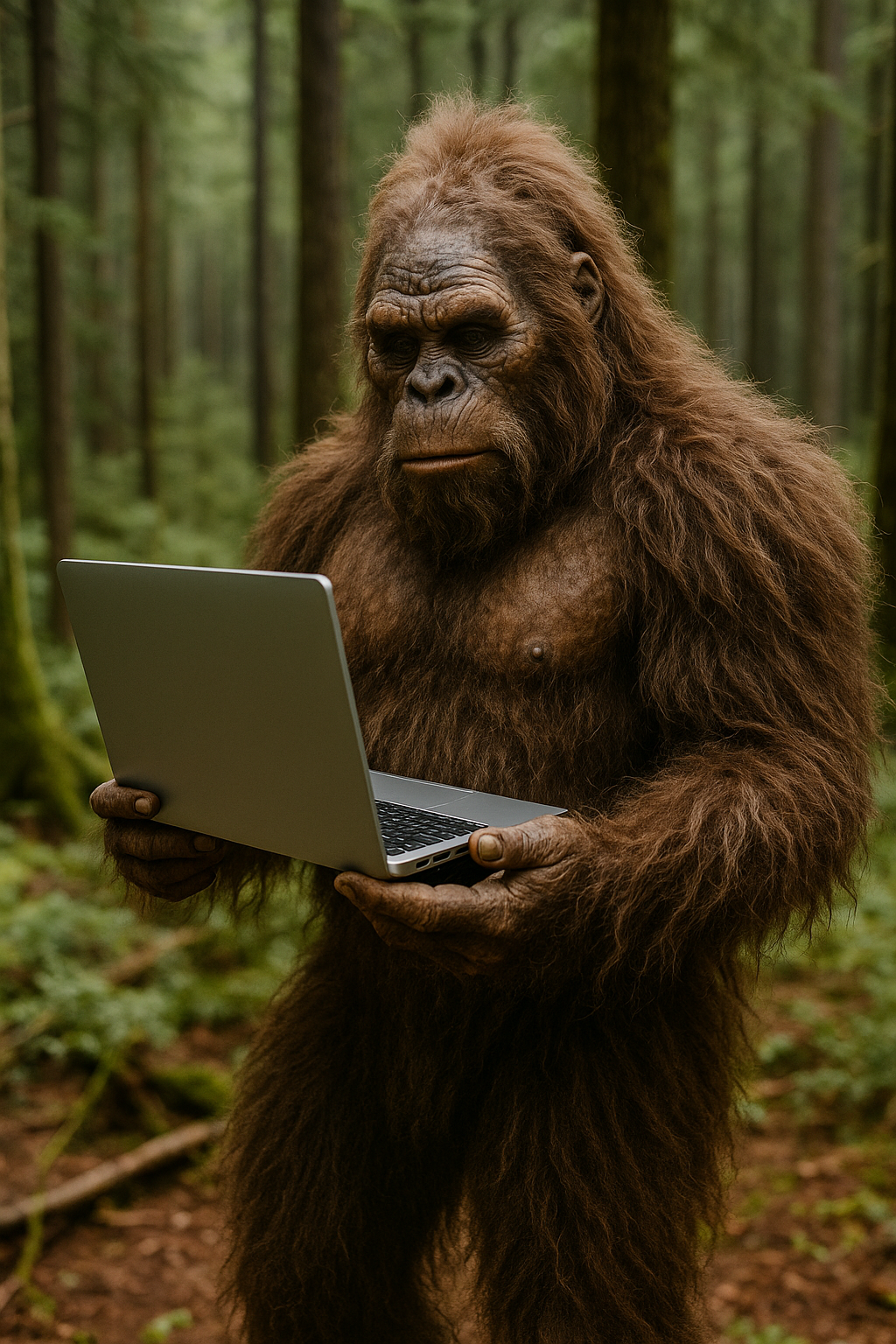 Bigfoot holding a laptop in the forest, symbolizing cybersecurity myths for small businesses and how CMIT Solutions helps debunk them.