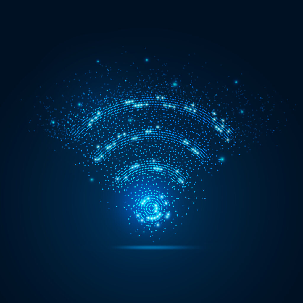 Digital glowing Wi-Fi symbol made of blue light particles, representing network management solutions from CMIT Solutions Atlanta