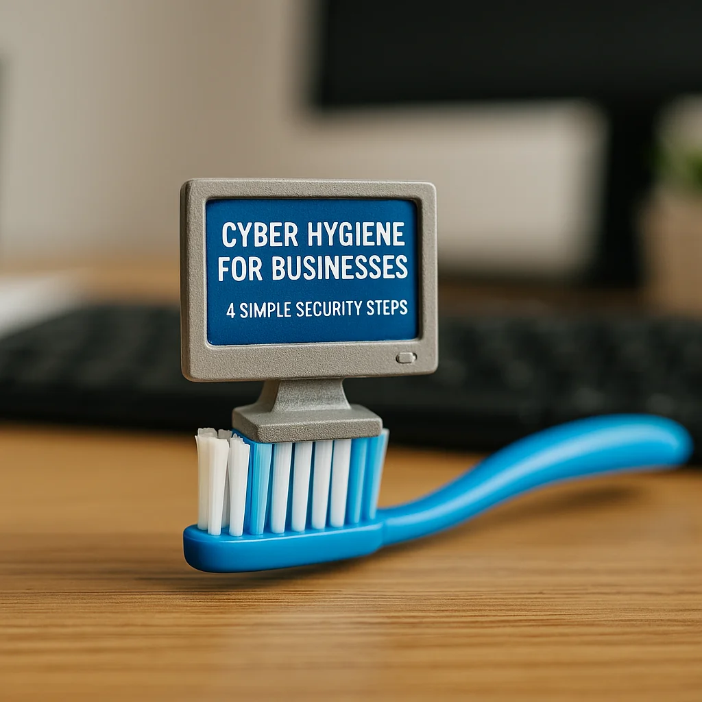 Miniature computer monitor figurine balanced on top of a blue toothbrush, symbolizing cyber hygiene for businesses provided by CMIT Solutions