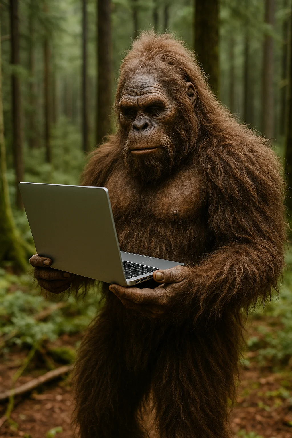 Bigfoot holding a laptop in the forest, symbolizing cybersecurity myths for small businesses and how CMIT Solutions helps debunk them.