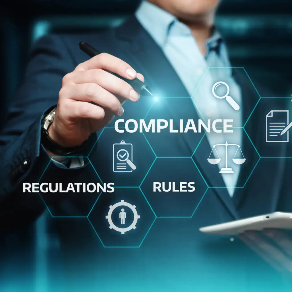 Business professional holding a tablet with digital compliance graphics highlighting regulations, rules, standards, and policies for CMIT Solutions Atlanta